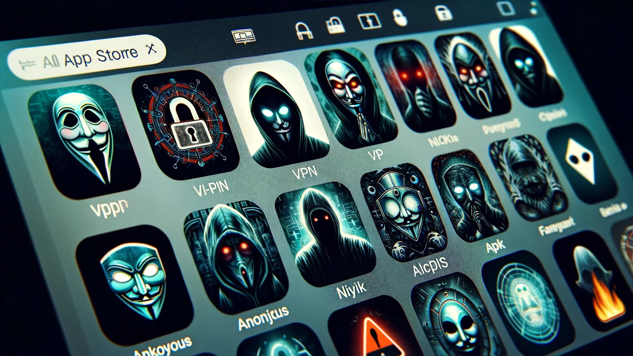 An app store window on a computer screen, featuring a variety of VPN app icons that look shady and dangerous