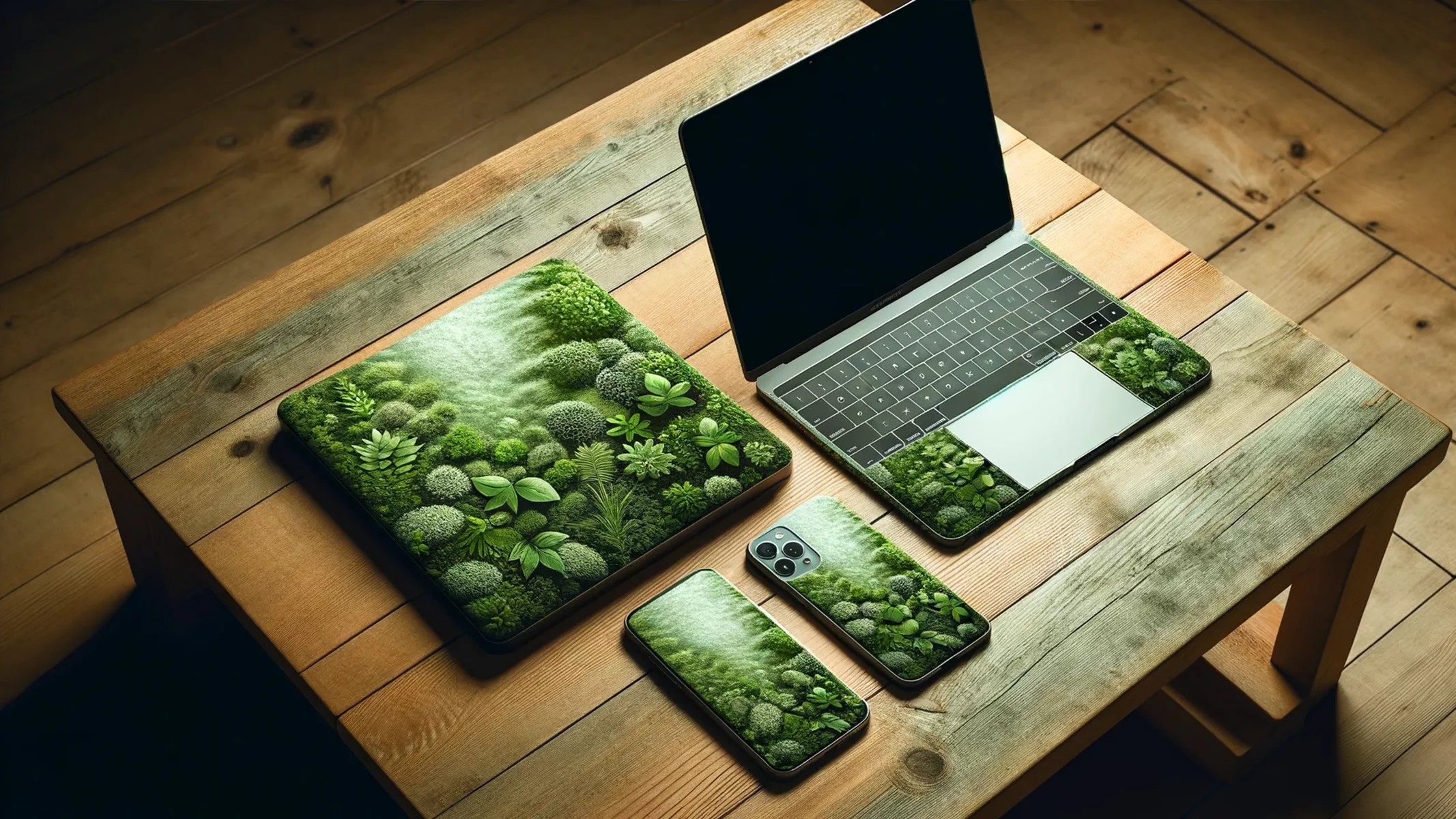 A smartphone and a laptop placed side by side on a wooden table. Both the smartphone and the laptop have a unique texture that resembles greenery sustainability