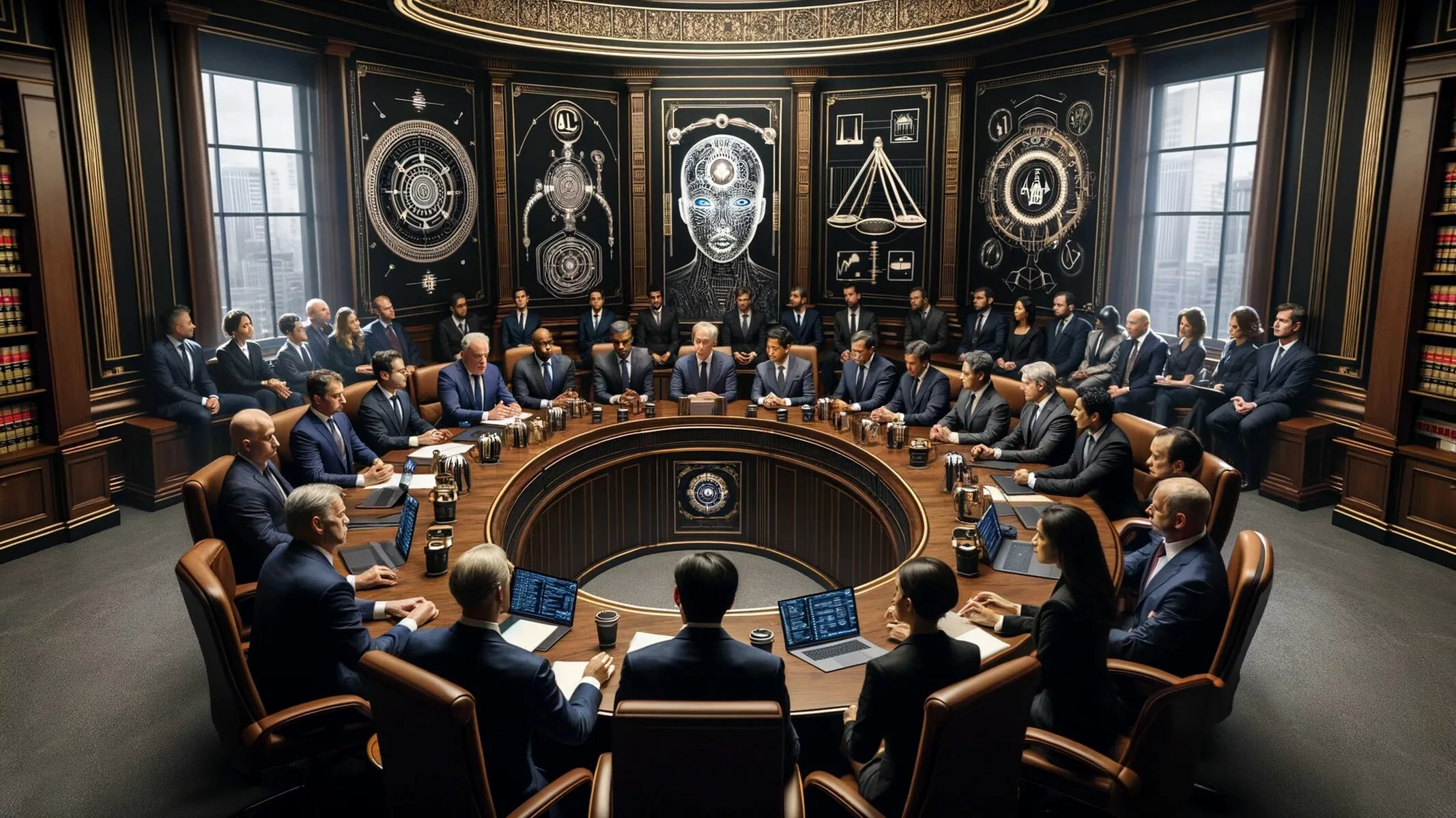 A group of lawmakers from diverse backgrounds and descents, in a formal meeting room, engaged in a serious discussion about regulating AI development