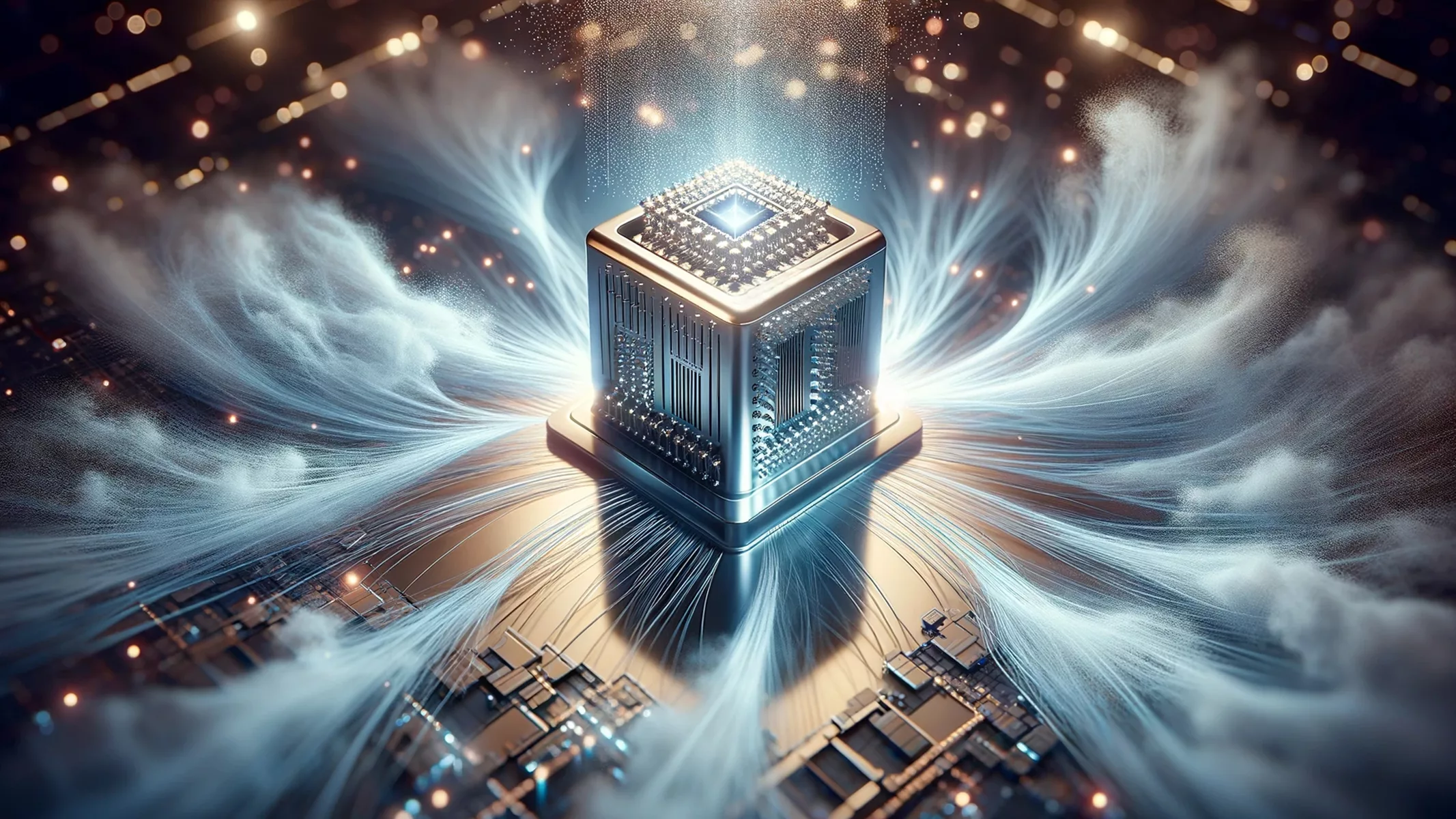 A quantum computer in the process of miniaturization, set against a background of wispy LK-99 superconductor material