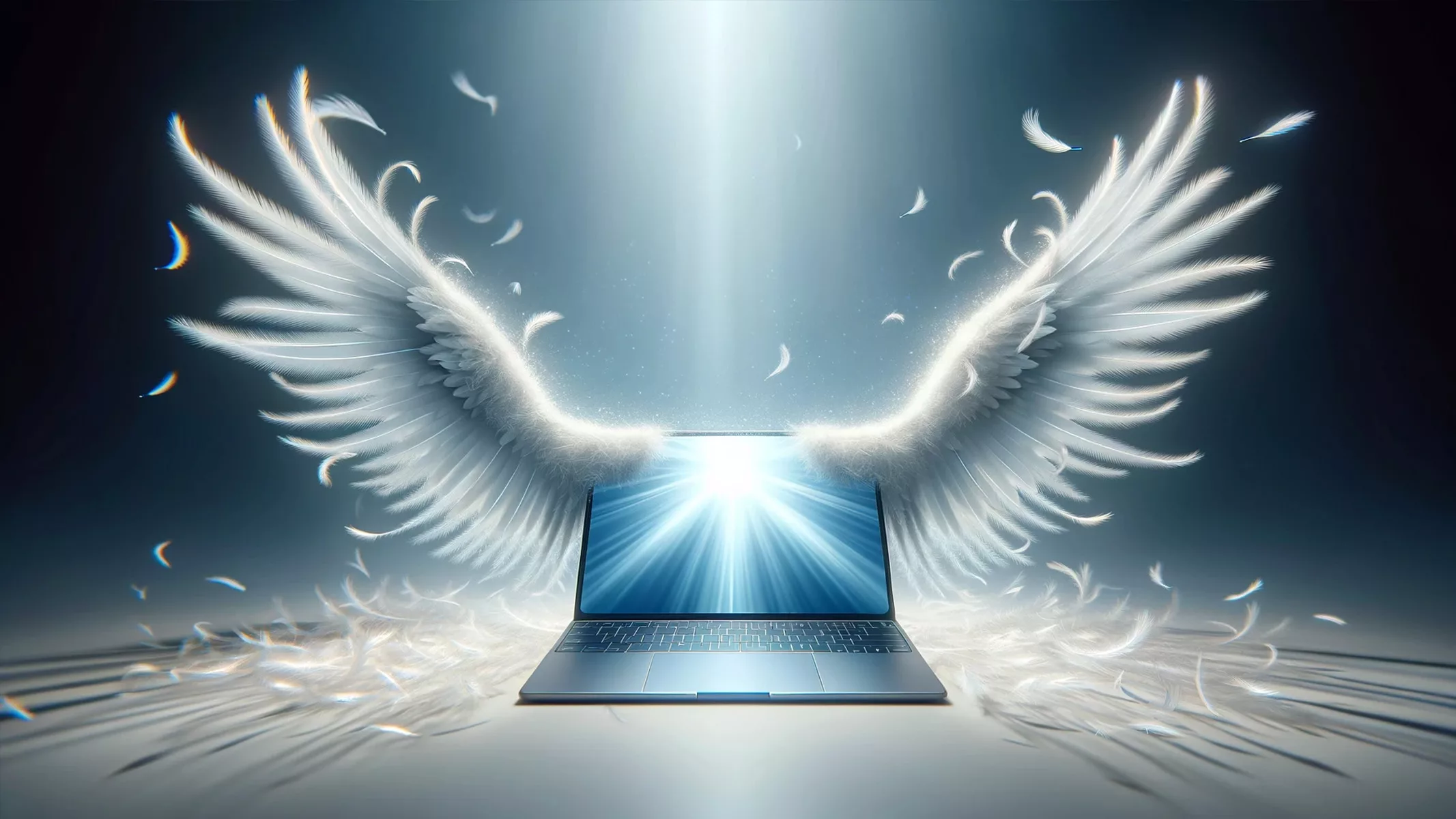 A super-light laptop with delicate, feathery wings extended from its sides, creating an impression of flight