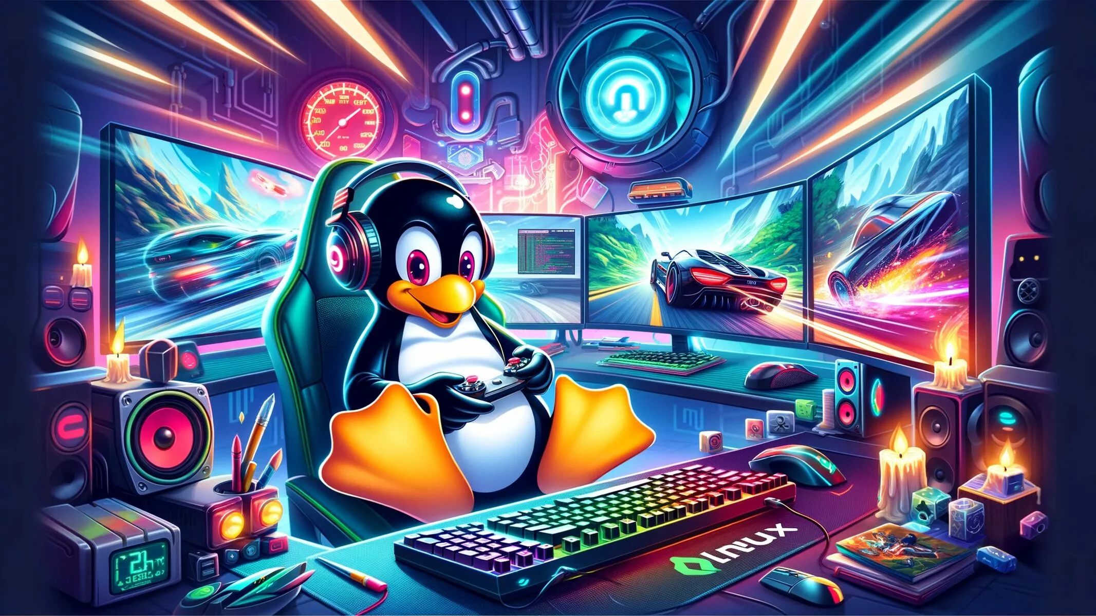 The Linux mascot Tux, a cheerful and animated penguin, is sitting in a high-tech gaming setup, intensely focused on playing a game on a PC powered by Linux
