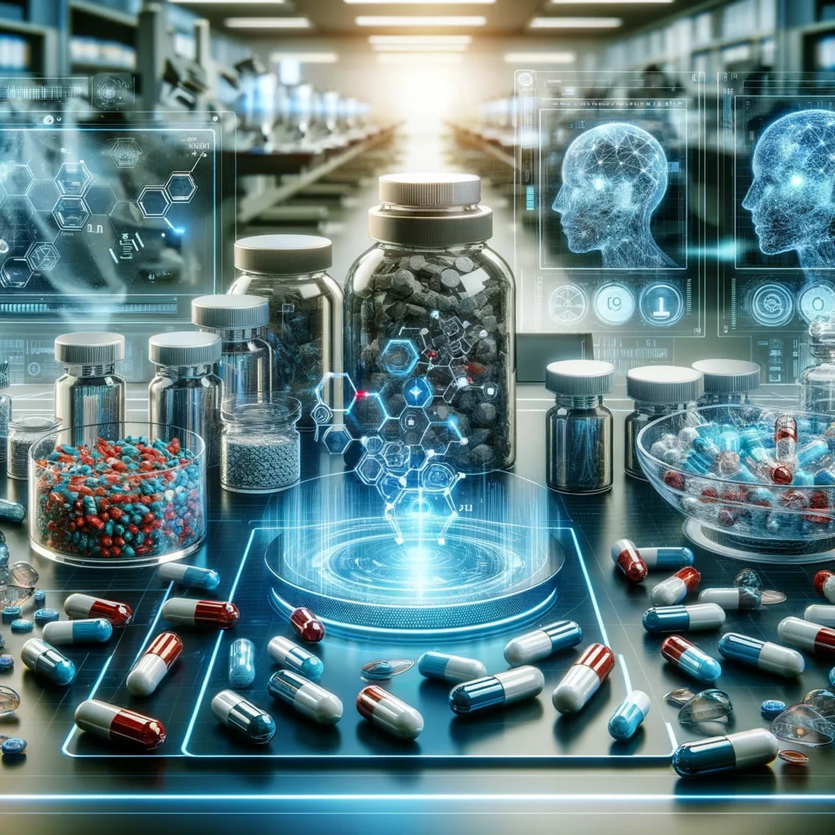 An array of advanced medicines and capsules on a high-tech laboratory table, reflecting the integration of artificial intelligence in pharmaceutical