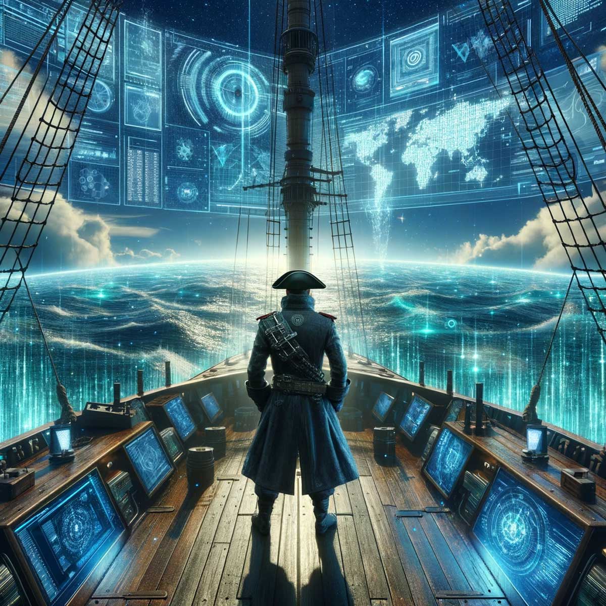 A view from behind a digital pirate standing on the deck of his futuristic pirate ship, peering into the digital seas.